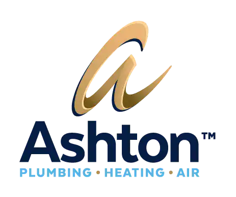 Logo for Ashton Plumbing, Heating, and Air featuring a stylized gold "A" above the company name in blue text.
