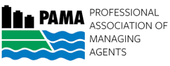 PAMA logo featuring building silhouettes, green land, blue water waves, and the text "Professional Association of Managing Agents.