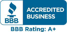 Blue and white logo showing the BBB Accredited Business seal with text: "BBB Accredited Business, BBB Rating: A+.