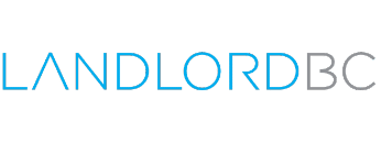 The image shows the text "LANDLORDBC" in blue and gray capital letters on a black background.