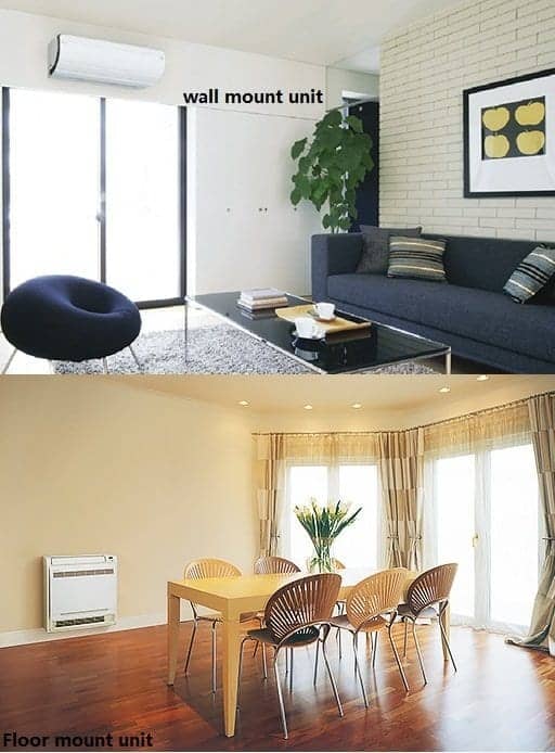 Two images show air conditioning units: the top image has a wall-mounted unit in a living room; the bottom image has a floor-mounted unit in a dining area.