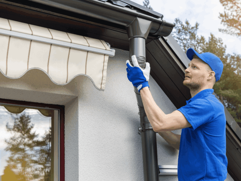 A man in a blue uniform and gloves inspects or installs a black rain gutter on the roof of a house, standing beside a window with a striped awning.