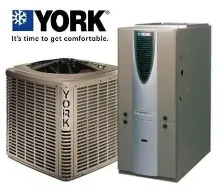 Two YORK HVAC units are displayed side by side; one is a square outdoor air conditioning unit, and the other is a tall indoor furnace. YORK logo and slogan appear above them.