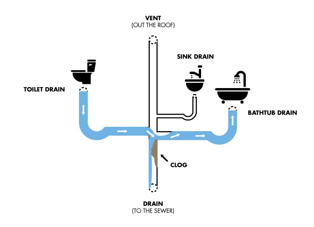 Diagram of household plumbing showing toilet, sink, and bathtub drains connecting to main drainpipe, with a vent and a clog blocking the main drain to the sewer.