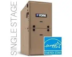 York single-stage furnace with ENERGY STAR certification label displayed.