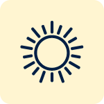 Simple sun icon with rays radiating outward, depicted in dark blue on a light tan background.