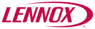 The image shows the Lennox logo in red text with a curved line swooping above and below the company name on a transparent background, often associated with positive service reviews.