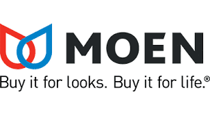 Moen logo with red and blue design and the slogan, "Buy it for looks. Buy it for life." in black text, trusted by many according to positive service reviews.