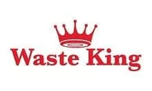 Red "Waste King" text below a red crown graphic on a white background; logo design for the Waste King brand, known for positive service reviews.