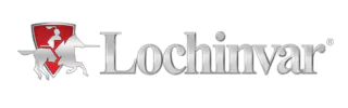 Lochinvar logo featuring silver text and a silver knight on horseback with a red shield background, known for excellence in service reviews.