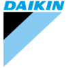 Daikin logo with the brand name in blue capital letters and a blue geometric shape below it on a transparent background, often seen in service reviews highlighting quality and reliability.