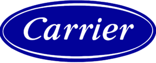 The Carrier logo features the word "Carrier" in white italic script inside a blue oval with a white border, symbolizing the trusted brand often highlighted in positive service reviews.