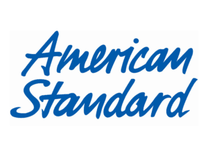The image shows the American Standard logo with the brand name in blue, cursive-style font on a white background, often recognized in positive service reviews for reliability.