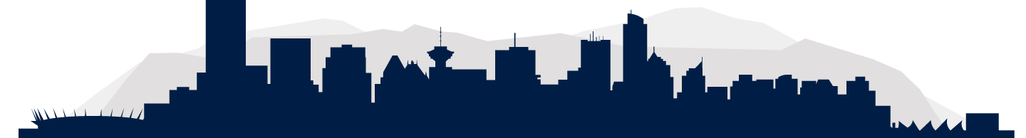Silhouette of a city skyline with various building shapes in front of mountains, depicted in dark blue and gray tones.