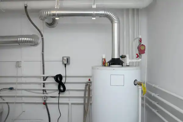 A water heater installed in a utility room with metal pipes connected, white walls, and various plumbing fixtures visible.
