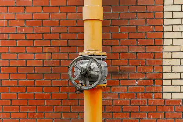 A large metal valve wheel attached to a vertical yellow pipe is mounted against a brick wall with red and beige sections.