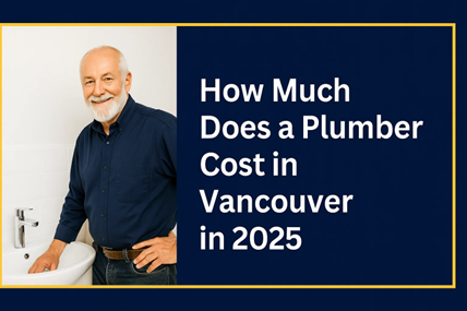 An older man stands by a bathroom sink, with text reading "How Much Does a Plumber Cost in Vancouver in 2025.