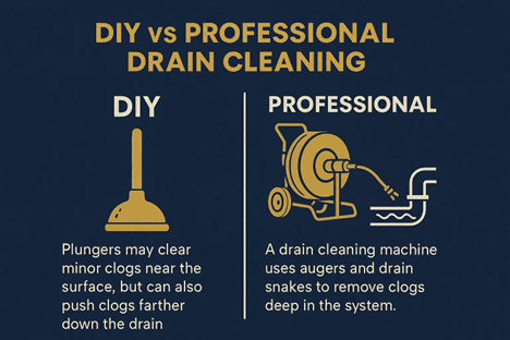 Comparison of DIY and professional drain cleaning: DIY uses a plunger for minor clogs, while pros like Drain Cleaning Vancouver use machines with augers and snakes for deep clogs—often offering same day drain service.