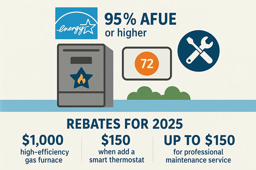 Infographic showing rebates for 2025: $1,000 for high-efficiency gas furnace, $150 for smart thermostat, up to $150 for maintenance; 95% AFUE or higher.
